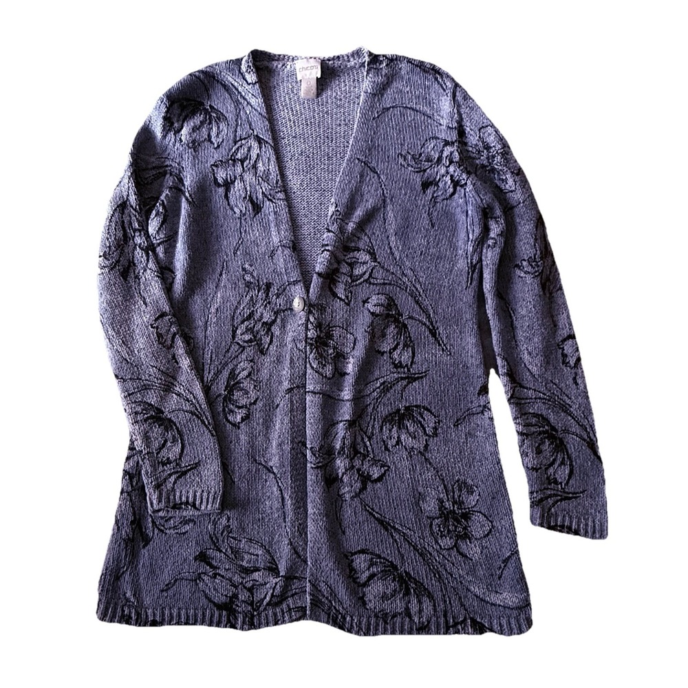 Chico's  Blue Floral Cardigan Linen Cotton Button-Down Chico's 0.‎ (size8)